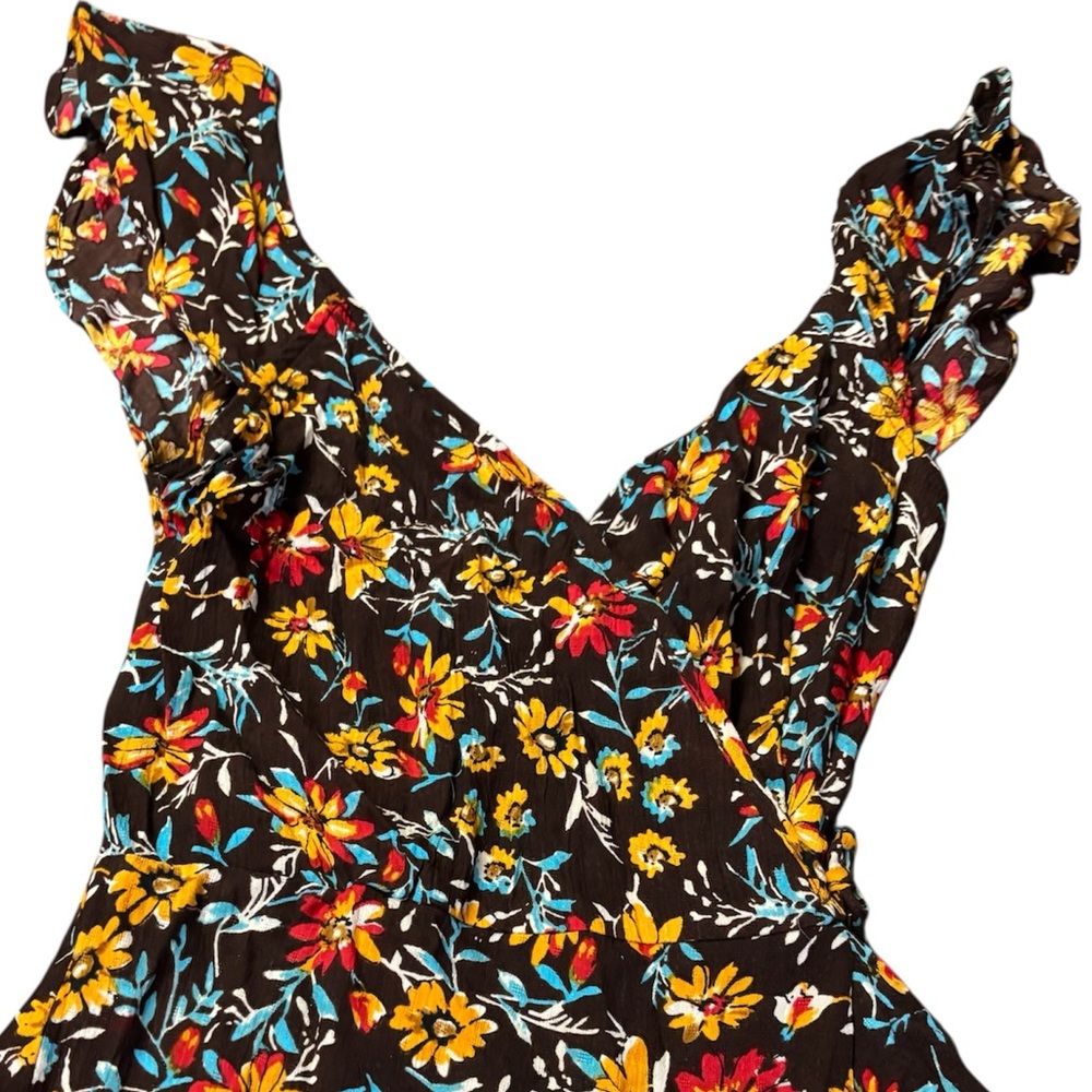 Band of the Free Brown Marigold Floral Print Mini Wrap Dress Smocked Ruffle XS - Picture 6 of 16